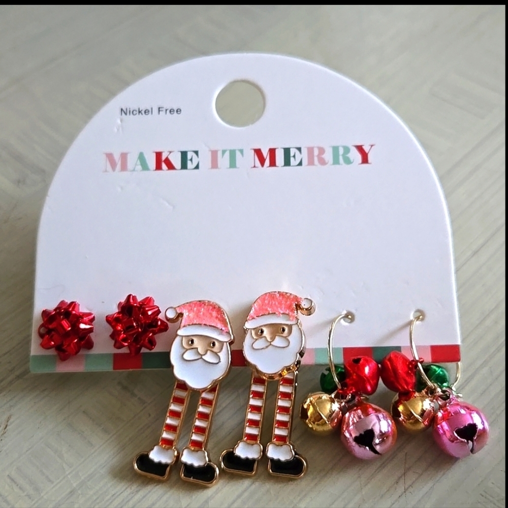 3 PAIRS of MAKE IT MERRY CHRISTMAS EARRINGS